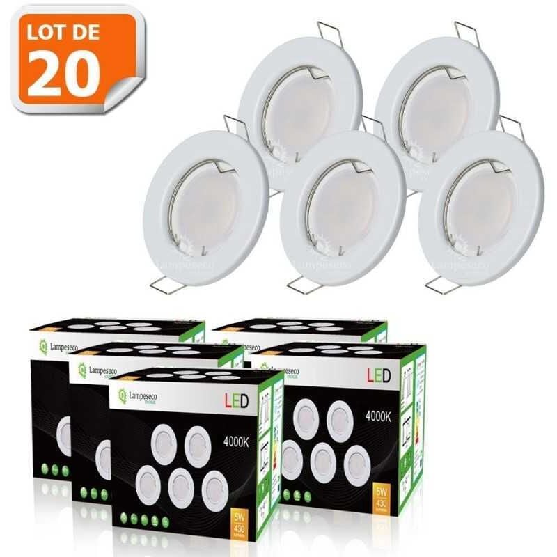 Lot de 20 Spot Led Encastrable complete ronde fixe eq. 50w blanc neutre
