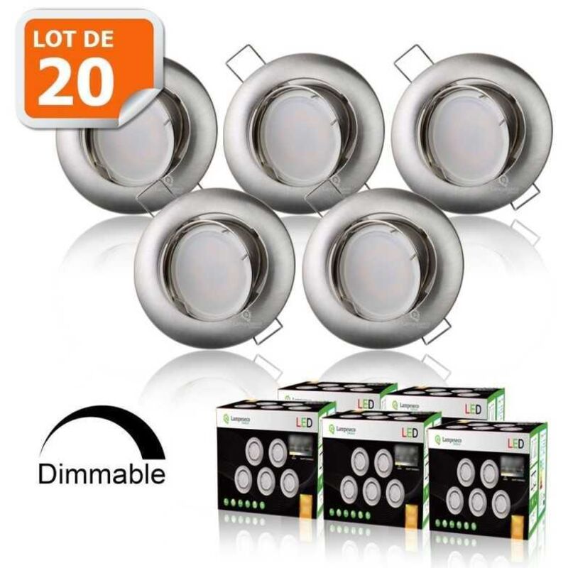 Lampesecoenergie - Lot de 20 Spots Encastrable led Alu Brossé GU10 Dimmable Blanc Chaud