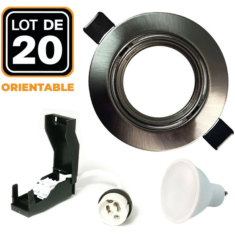 

20 Spots encastrable orientable Alu Brossé avec GU10 LED de 5W eqv. 40W Blanc Chaud 2700K