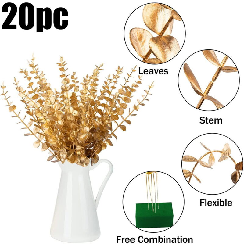 Lot de 20 tiges décoratives artificielles dorées de 38 cm pour vase, bouquet de mariage, maison (doré)