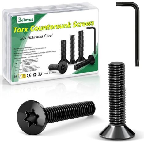 Lot de 20 vis à tête fraisée M6 x 20 mm, noires, en acier inoxydable 304, avec clé Torx et boîte conformes à la norme ISO 14581, pour machines et appareils, installations extérieures, meubles