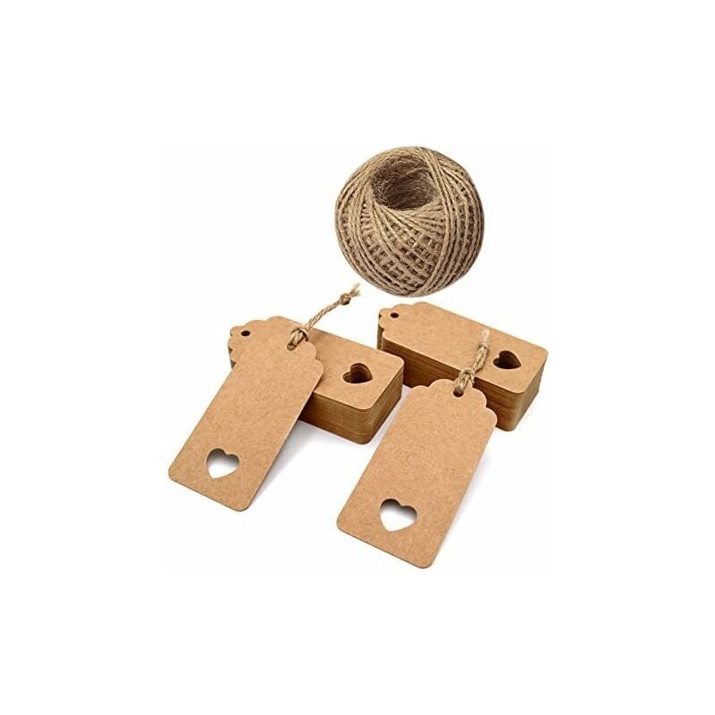 Lot de 200 étiquettes en papier kraft 9,5 x 4,5 cm pour cadeau de mariage/Noël/anniversaire, bagages, avec ficelle de jute 60 m (marron) Fei Yu