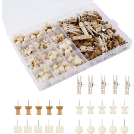 Lot de 200 Punaises en Bois - 5 Styles - Mini Punaises Avec Boîte - Pour Travaux Manuels, Panneau de Liège, Photos, Posters