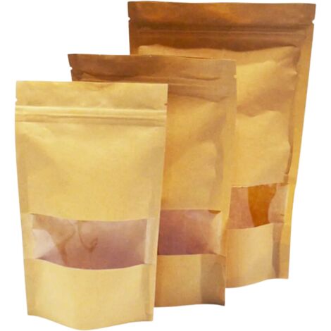 Lot de 200 Sachet kraft Doypack avec fenêtre 11 x 18,5 x 2,6 cm