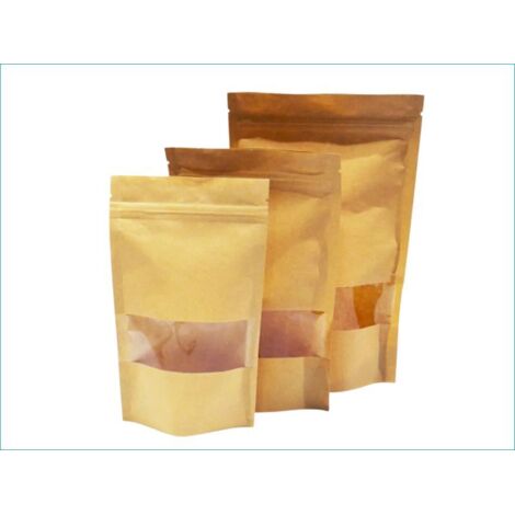 Lot de 200 Sachet kraft Doypack avec fenêtre 19 x 28 x 4,3 cm
