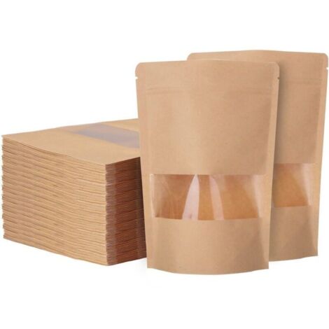 Lot de 200 sachets kraft alimentaire avec fenêtre 14x20cm – Sachets zip réutilisables – Imperméables pour stockage noix et aliments secs