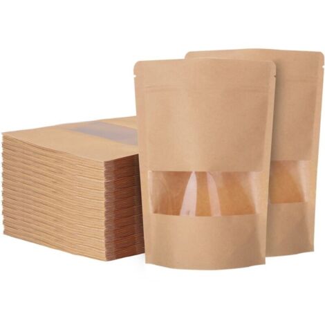 Lot de 200 sachets kraft alimentaire avec fenêtre 14x20cm Sachets zip réutilisables Imperméables pour stockage noix et aliments secs