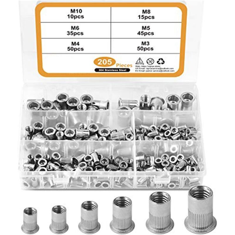 Lot de 205 écrous à rivets en acier inoxydable de qualité supérieure en plusieurs tailles pour diverses applications