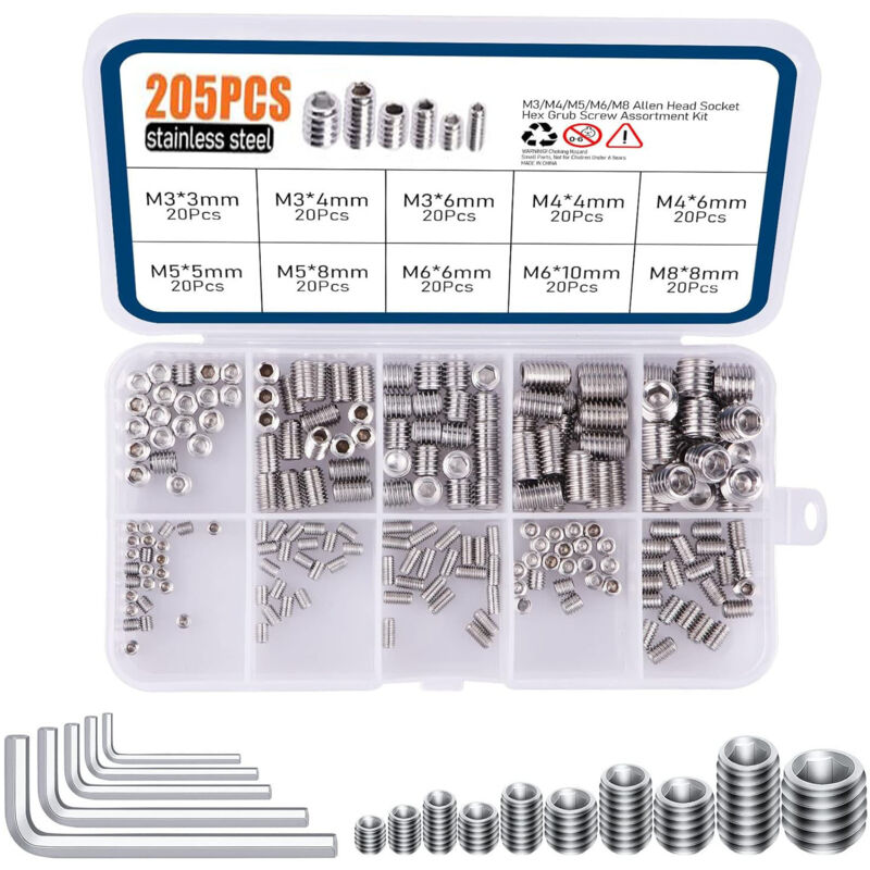 Lot de 205 écrous à visser M3 M4 M5 M6 M8 Insert fileté Manchons à visser Allen Assortiment de vis Allen en acier galvanisé pour meubles en bois