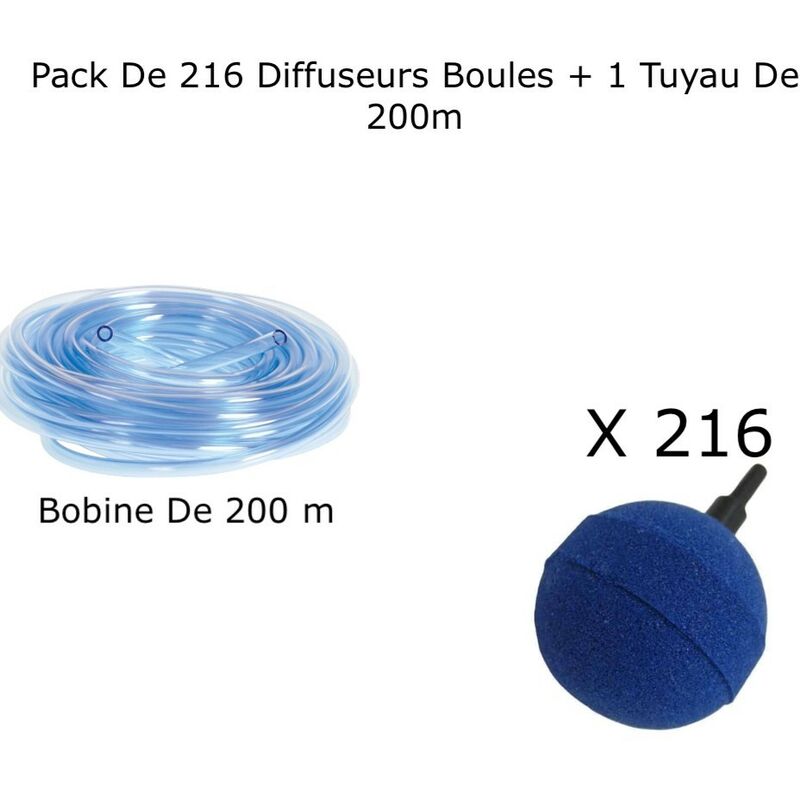 Lot De 216 Diffuseurs D'Air, Boules, 5 cm + 1 Tuyau De 200 m, Pour Bassins