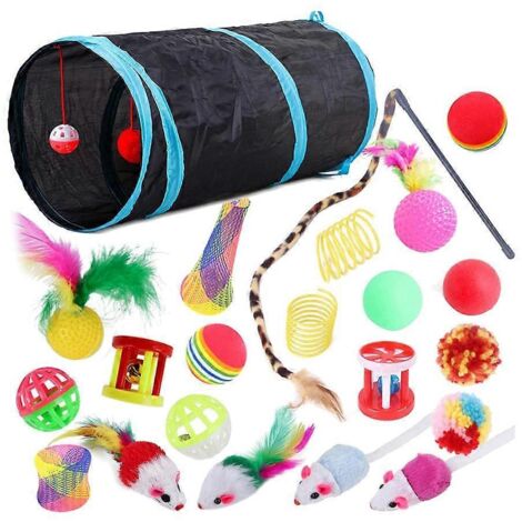 Lot de 22 jouets interactifs pour chats d'intérieur : tunnel, souris et chatons.