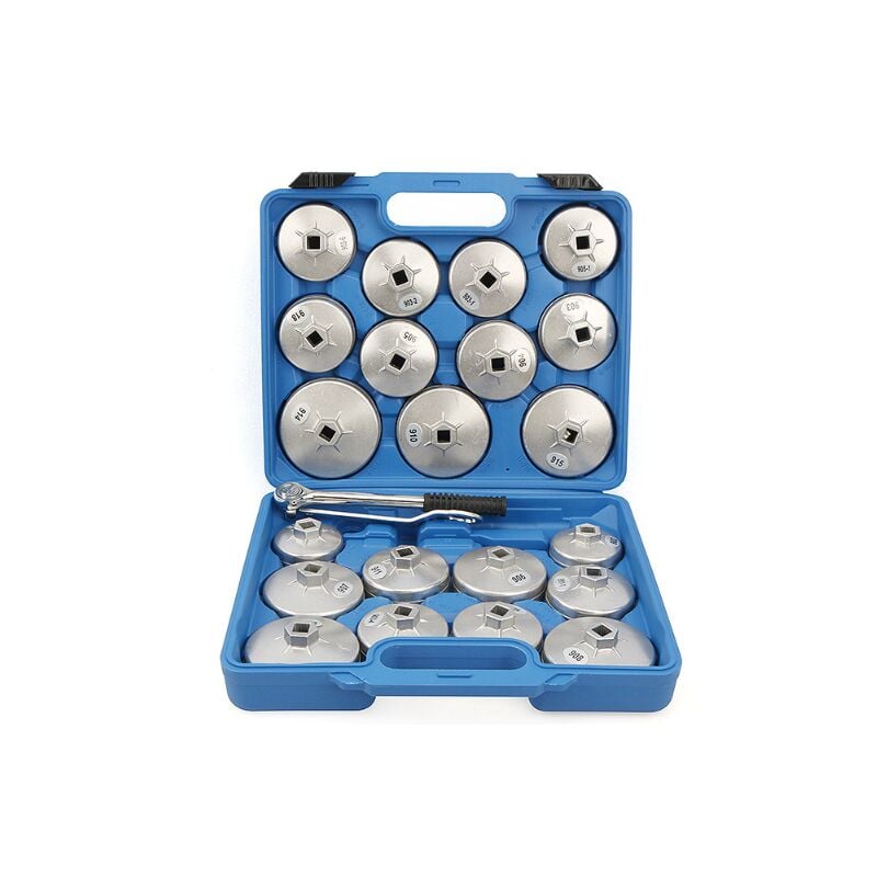 Lot de 23 Clés à Filtre à Huile Professionnelles - 1/2' Hexagonal 65-101mm - Coffret en Aluminium pour Démonter Tous Types de Filtres - Compatible