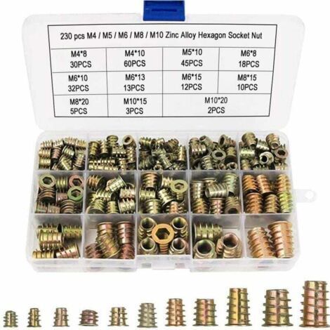 Lot de 230 écrous hexagonaux M4 M5 M6 M8 M10 avec inserts filetés en alliage de zinc – Pour meubles en bois – Boîte de rangement