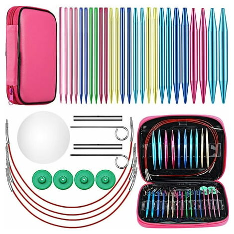 Lot de 24 aiguilles à tricoter circulaires interchangeables en aluminium avec 1 étui de rangement, 13 aiguilles à crochet interchangeables pour tricoter
