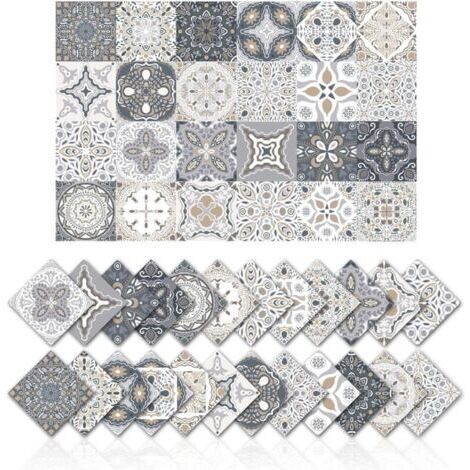 Lot de 24 autocollants carrelage 15x15 cm – Décoration murale adhésive en PVC imperméable – Carreaux de ciment vintage géométriques