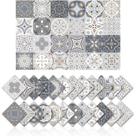 Lot de 24 autocollants carrelage 15x15 cm – Décoration murale adhésive en PVC imperméable – Carreaux de ciment vintage géométriques