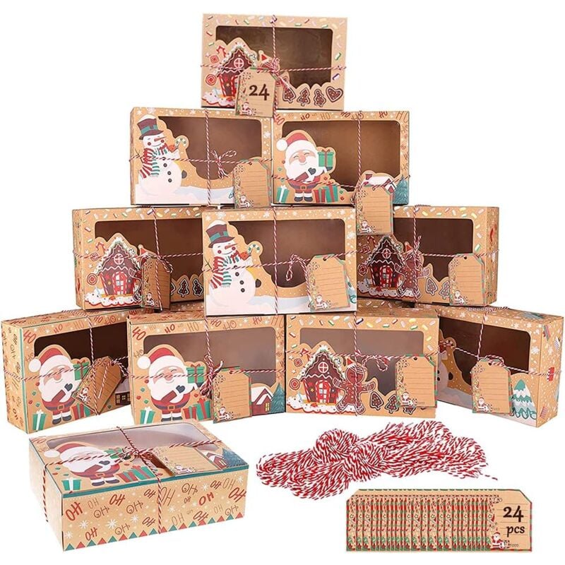 Lot de 24 Boîtes Cadeau de Noël en Papier Kraft avec Fenêtre, avec ficelle, Sac Cadeau Noël pour emballage cadeau, bonbons, chocolats, biscuits,