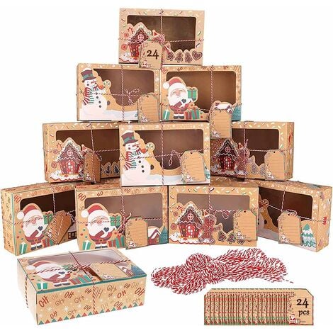 QIYAO Lot de 24 Boîtes Cadeau de Noël en Papier Kraft avec Fenêtre, avec ficelle, Sac Cadeau Noël pour emballage cadeau, bonbons, chocolats, biscuits, aliments pour Décoration de Noël (22 x 15 x 7 cm)