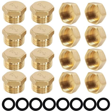 Lot de 24 bouchons obturation eau - Filetage extérieur/femelle - Capuchons laiton - Rondelles support tuyau - Pour conduite jardin