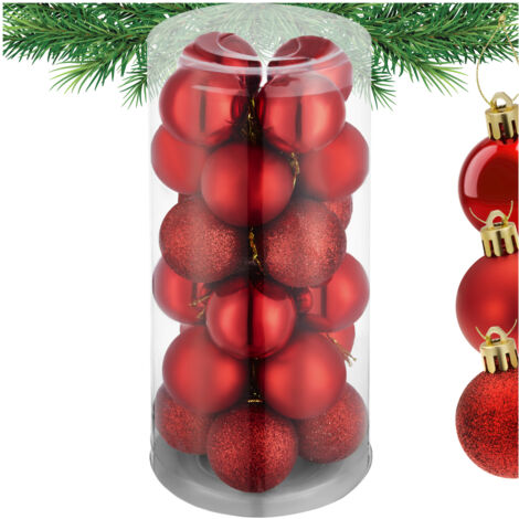 Tectake – Lot de 24 boules de Noël rouges 4cm – Finitions mate, brillante et pailletée – Polypropylène, polystyrène, nylon – Accroche facile