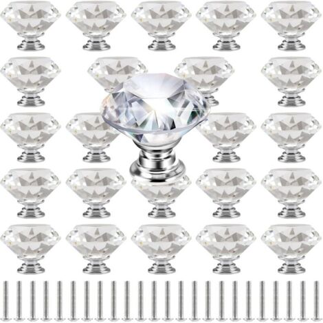Lot de 24 boutons de porte décoratifs en cristal avec vis, en forme de losange, pour cuisine, armoire et tiroir