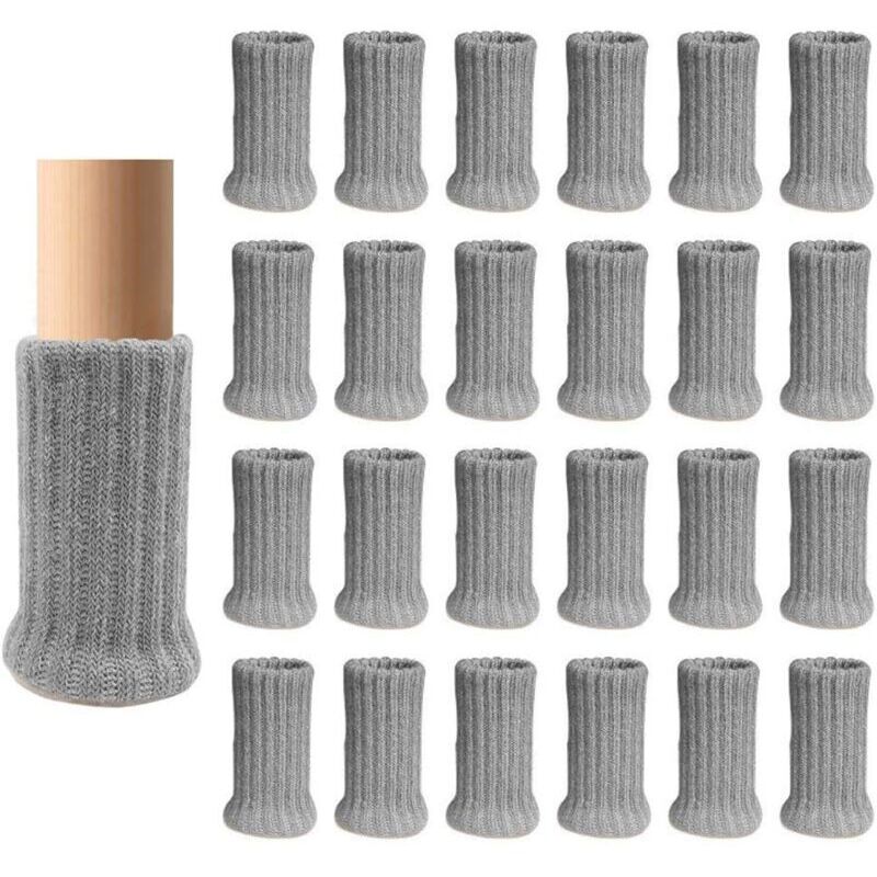 Lot de 24 chaussettes de chaise, couvre-pieds épais gris, double tricot, pieds antidérapants, protections de sol
