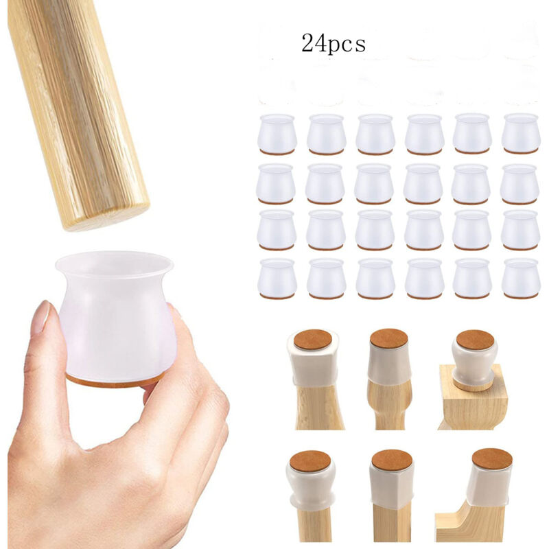 Lot de 24 embouts de protection silicone + feutre pour pieds de chaise, adaptés parquet angles ronds/carrés