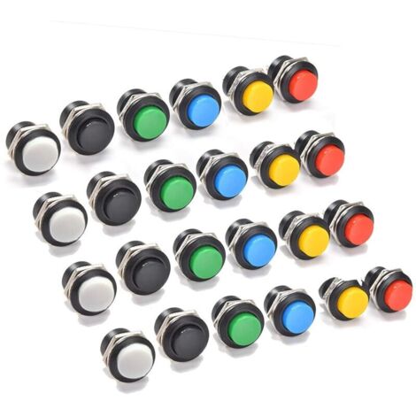 Lot de 24 interrupteurs à bouton-poussoir momentané 16 mm assortis rouge vert jaune bleu blanc noir, 6 A 125 V 2 broches à réinitialisation automatique Mini interrupteur rond