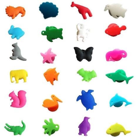 Lot de 24 marque-verres en silicone représentant des animaux marins et terrestres. Étiquettes et marque-verres pour l'identification des verres.