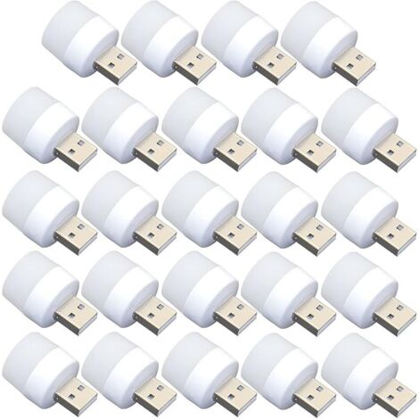 Lot de 24 mini ampoules LED USB de nuit, sans capteur de lumière, à brancher, blanc chaud, compact, idéal pour chambre, salle de bain, cuisine, voiture (lumière blanche)