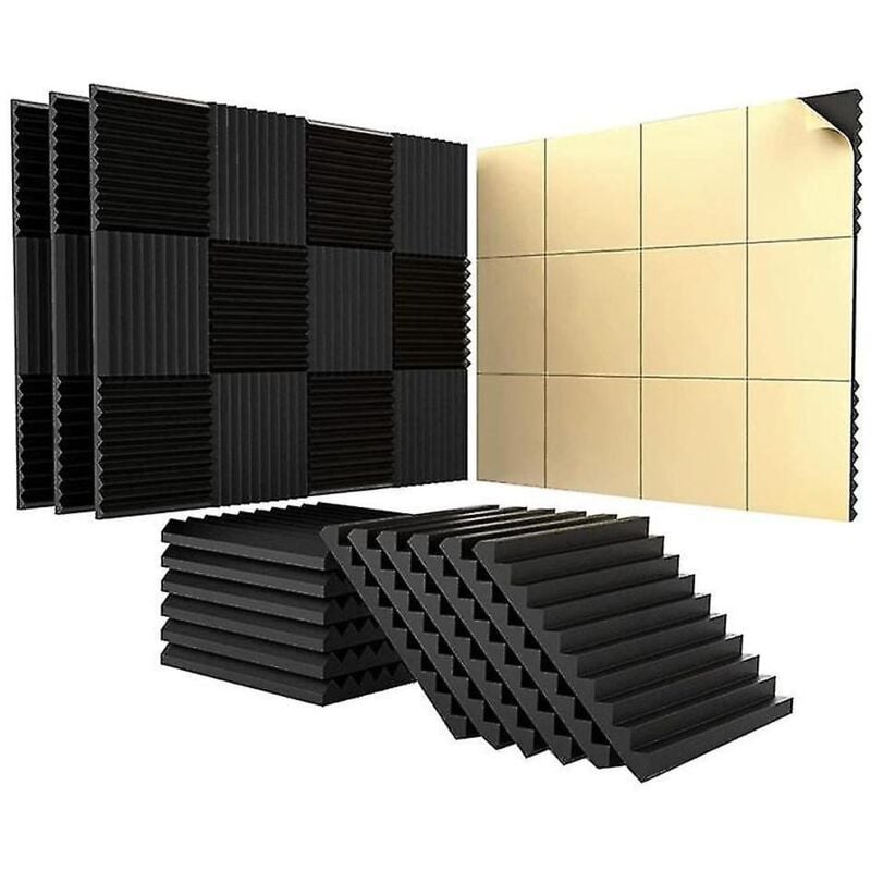 Lot de 24 panneaux acoustiques avec adhésif, 1 x 12 x 12 pouces, panneaux en mousse insonorisants, studio, noir