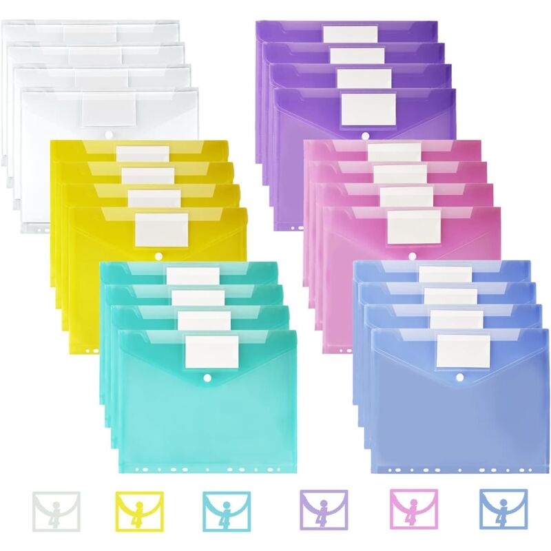 Lot de 24 Pochette Plastique A4,Pochettes Porte-Documents avec Rabat, Couleurs Vives Transparentes, Classeur Pochette