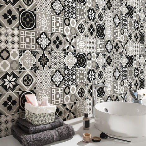 Lot de 24 stickers muraux carrelage adhésif 10x10cm – Motifs carreaux de ciment pour cuisine et salle de bain – Couverture 0,24m² - 24stickers10x10cm