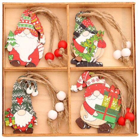 Lot de 24 suspensions pour sapin de Noël, décoration en bois, gnome, nain, hauteur 5,8 cm, rouge et blanc