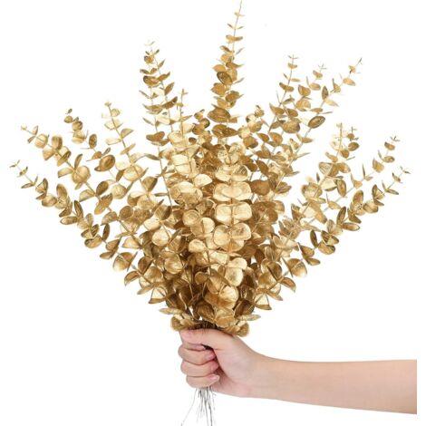Lot de 24 tiges d'eucalyptus artificielles dorées, fausses feuilles décoratives pour bouquet de mariage, maison, ferme, vase, bricolage
