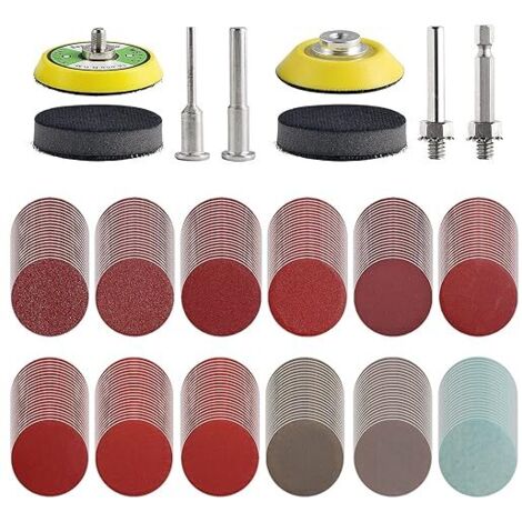 Lot de 240 disques abrasifs de 50mm pour perceuse meuleuse outils rotatifs avec 2 plaques d'appui de 6,35 mm, 6,35 mm, patins de ponçage avec grain 80–3000