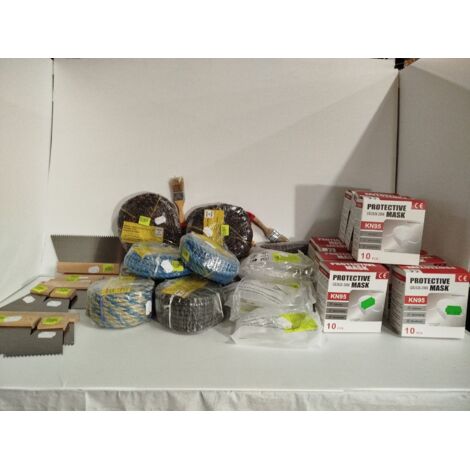 Lot de 25+ articles - MULTIMARQUE - Matériel de bricolage et EPI - Masques KN95 Cordages Spatules et Lunettes - Kit complet chantier - Voir photos
