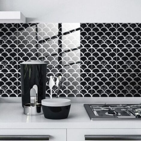 Lot de 25 autocollants 3D pour carrelage de cuisine et de salle de bain - Écailles de poisson noires et blanches - Imperméables - Résistants à l'huile - Autocollants muraux Blacksplash