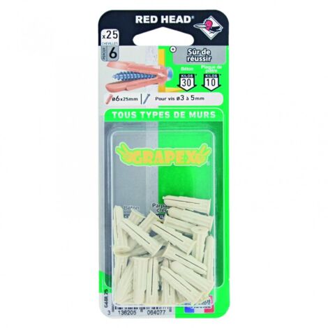 Lot De 25 Chevilles À Expansion Grapex Red Head, Diam.6 X L.25 Mm