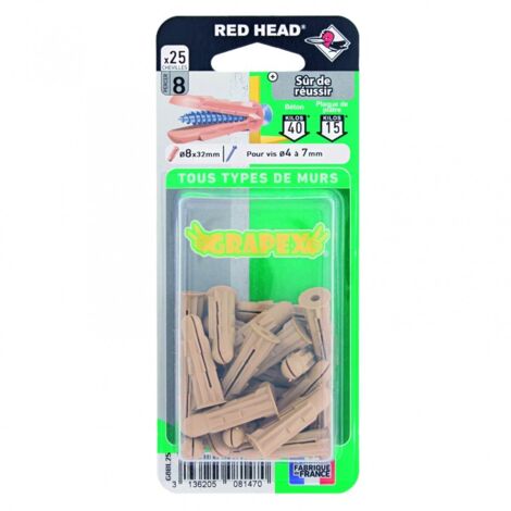 Lot De 25 Chevilles Red Head, Diam.8 X L.32 Mm