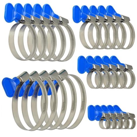 Lot de 25 Colliers de Serrage Inox Réglables pour Tuyaux D'Eau, Collier de Serrage Métallique Durite Piscine, Gaz et Piscine - 5 Tailles (10-70 mm) avec Écrou à Oreilles