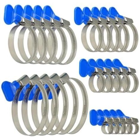 Lot de 25 Colliers Serrage Inox Réglables pour Tuyaux D'Eau, Collier Métallique Durite Piscine, Gaz et Piscine - 5 Tailles (10-70 mm) avec Écrou à Oreilles