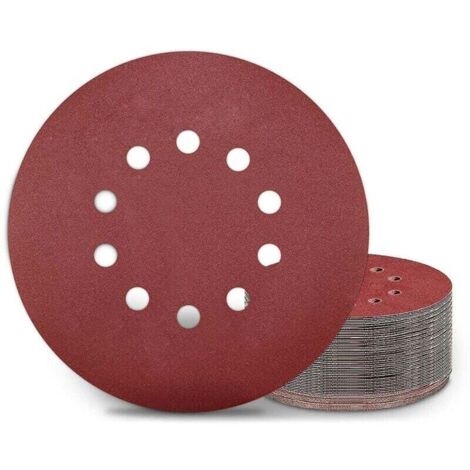 Lot de 25 disques abrasifs 225 mm P240 – 10 trous pour ponceuse – Alumine pour ponçage métaux, bois et plastiques thermodurcissables