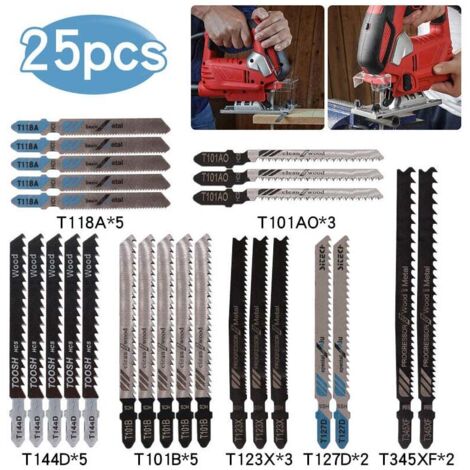 Lot de 25 Lames de Scie Sauteuse T118A / T144D / T101B/T123X / T101AO/T127D / T345XFpour Couper Métal/Bois/Plastique - Pour Bosch, Black & Decker, Makita, Dewalt  (25 pièces)