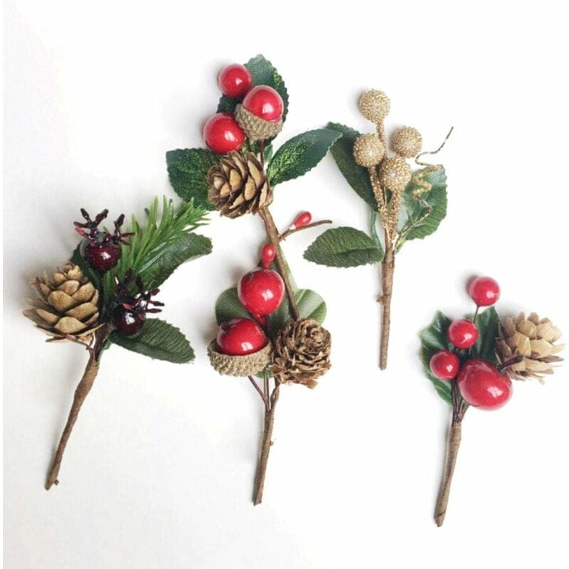Ersandy - Lot de 25 mini pics de sapin de Noël artificiels de 10,2 cm - Tiges de baies rouges - Branches de pin artificielles - Pour couronne,