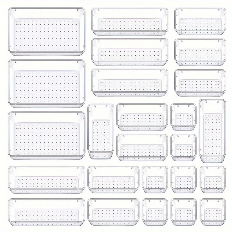 Lot de 25 Organisateurs de Tiroir 4 Tailles, Rangement Tiroir en Plastique Transparent Parfait pour Salle de Bain, Coiffeuse, Bureau, Cuisine, Outils