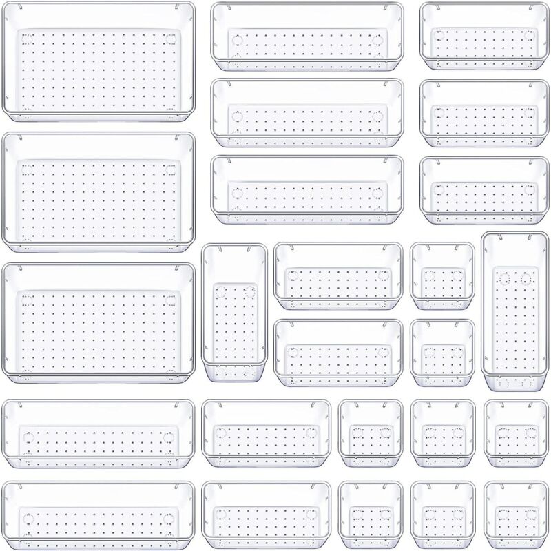Lot de 25 Organisateurs de Tiroir, Rangement Tiroir en Plastique Transparent, Bacs de rangement avec 4 Tailles pour salle de bain, coiffeuse, Cuisine