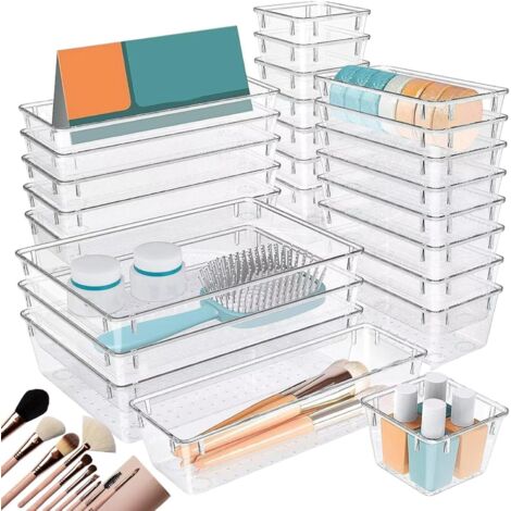 Lot de 25 organiseurs tiroir transparents avec plateau - Boîtes rangement pour ustensiles cuisine, bijoux, armoires et organes bureau