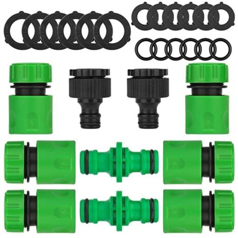 Lot de 25 raccords de tuyau rapides, 6 raccords rapides, 2 raccords droits, raccords de mamelon de 5,1 cm, 5 rondelles 1/2", 5 rondelles 3/4", 5 joints toriques. (Comprend 2 rubans filetés).