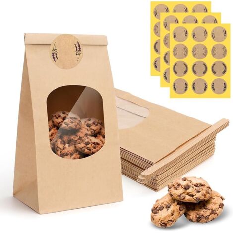 Lot de 25 sacs en papier kraft avec fenêtre avec clips de fermeture et autocollants - 9 x 6 x 17 cm - Petits sacs en papier kraft marron - Petits sacs en papier kraft pour bonbons, pâtisseries